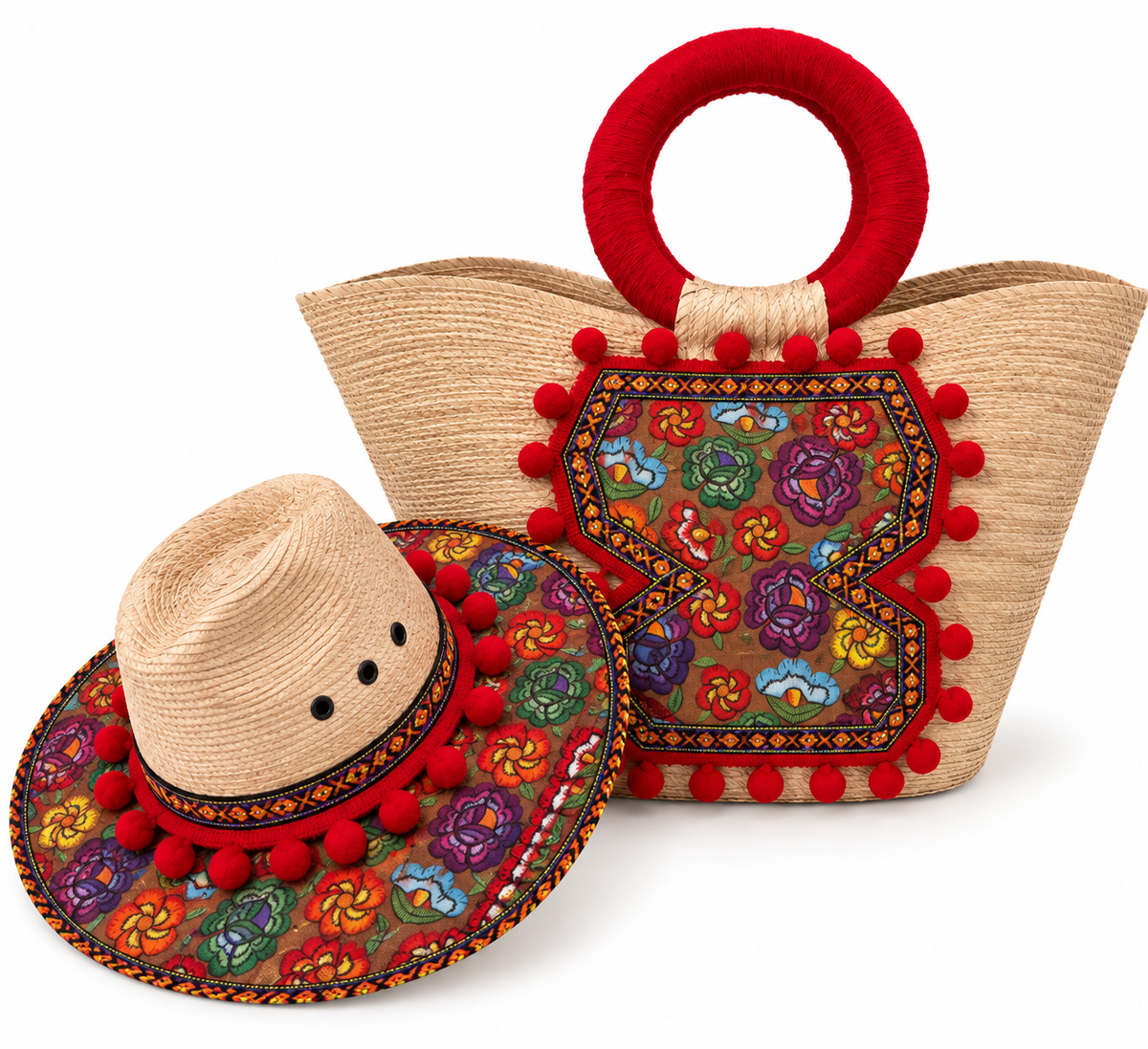 Fiesta Bloom Embroidered Straw Hat & Tote Set