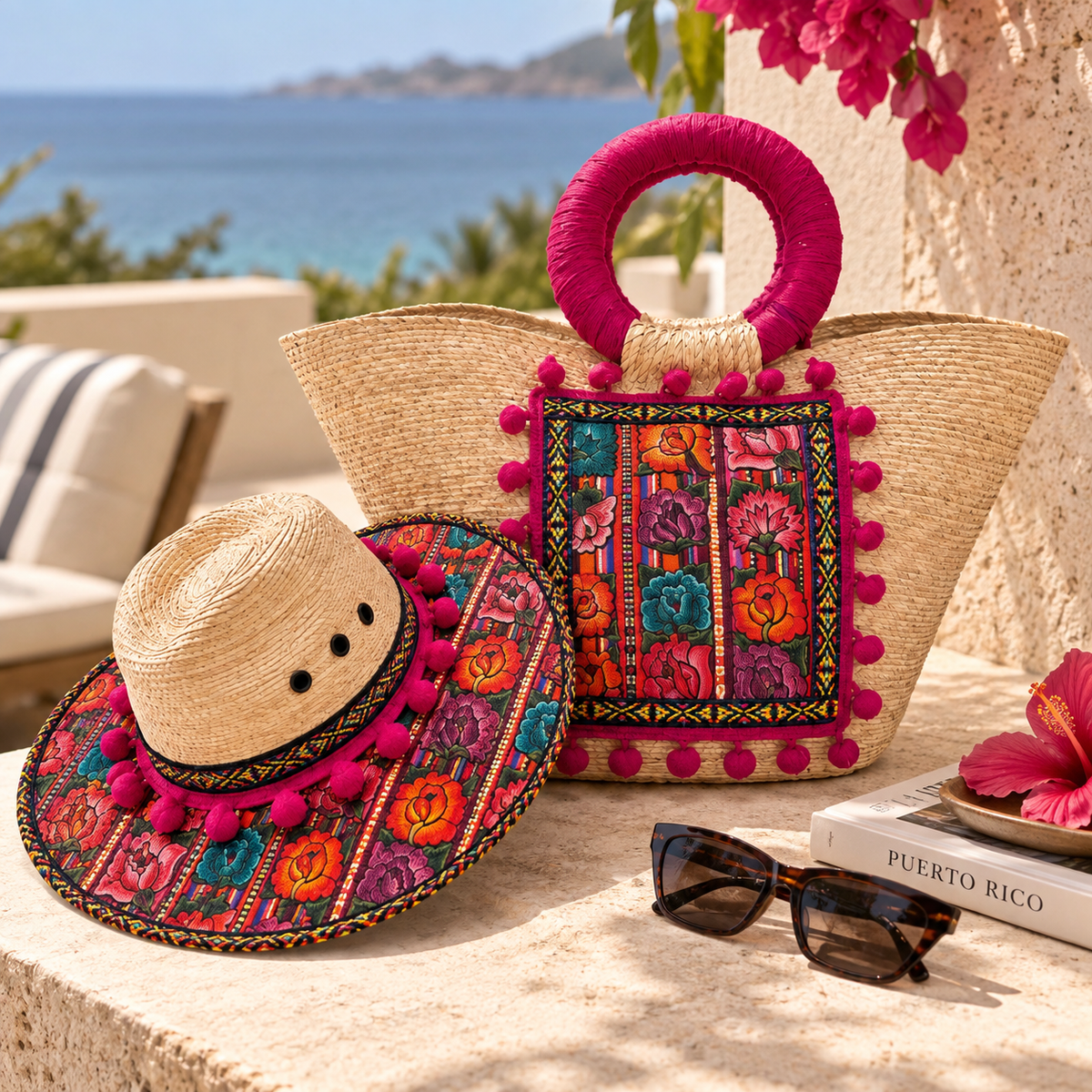 Fiesta Bloom Embroidered Straw Hat & Tote Set