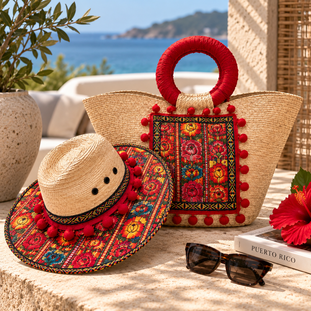 Fiesta Bloom Embroidered Straw Hat & Tote Set