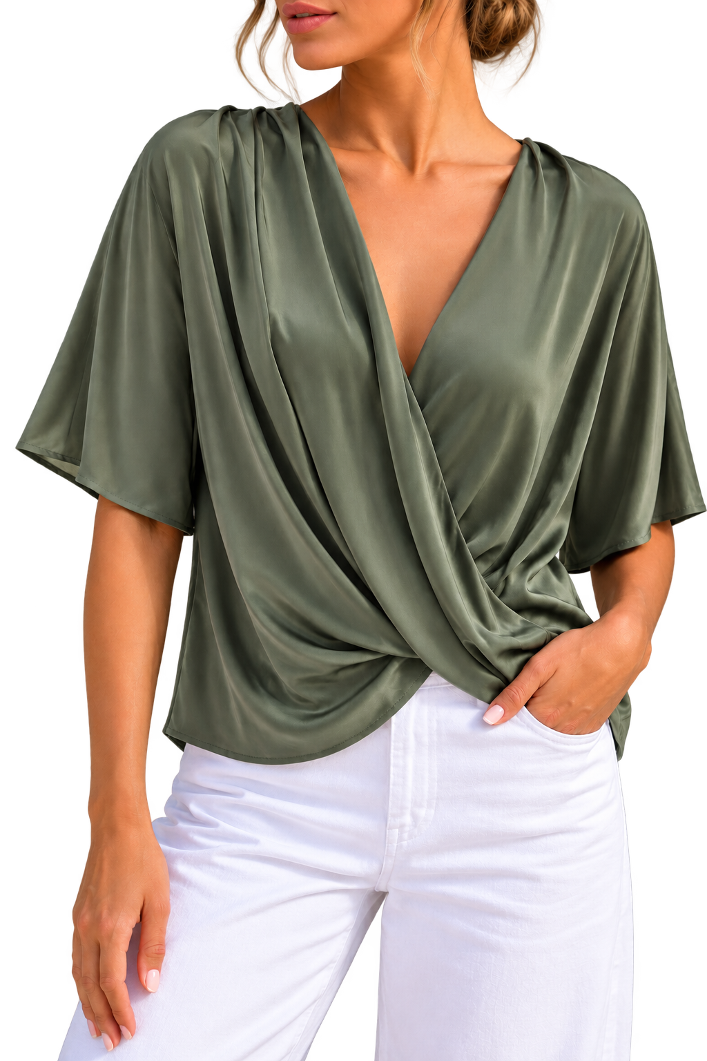 Sage Satin Draped V-Neck Blouse