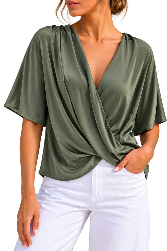 Sage Satin Draped V-Neck Blouse