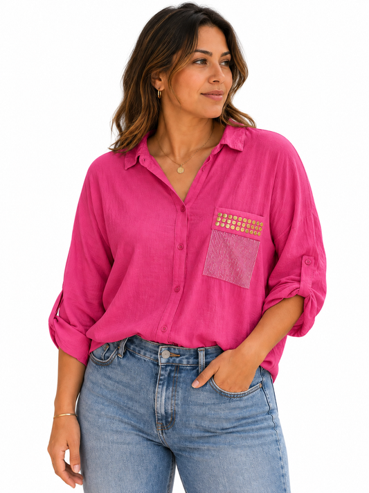 Luxe Spark Pocket Button-Up Blouse