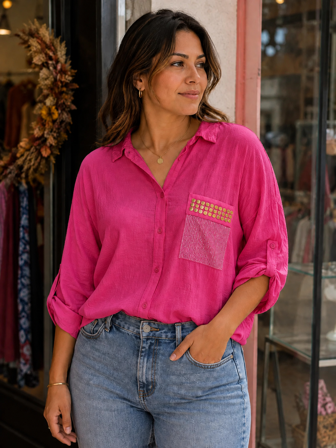Luxe Spark Pocket Button-Up Blouse