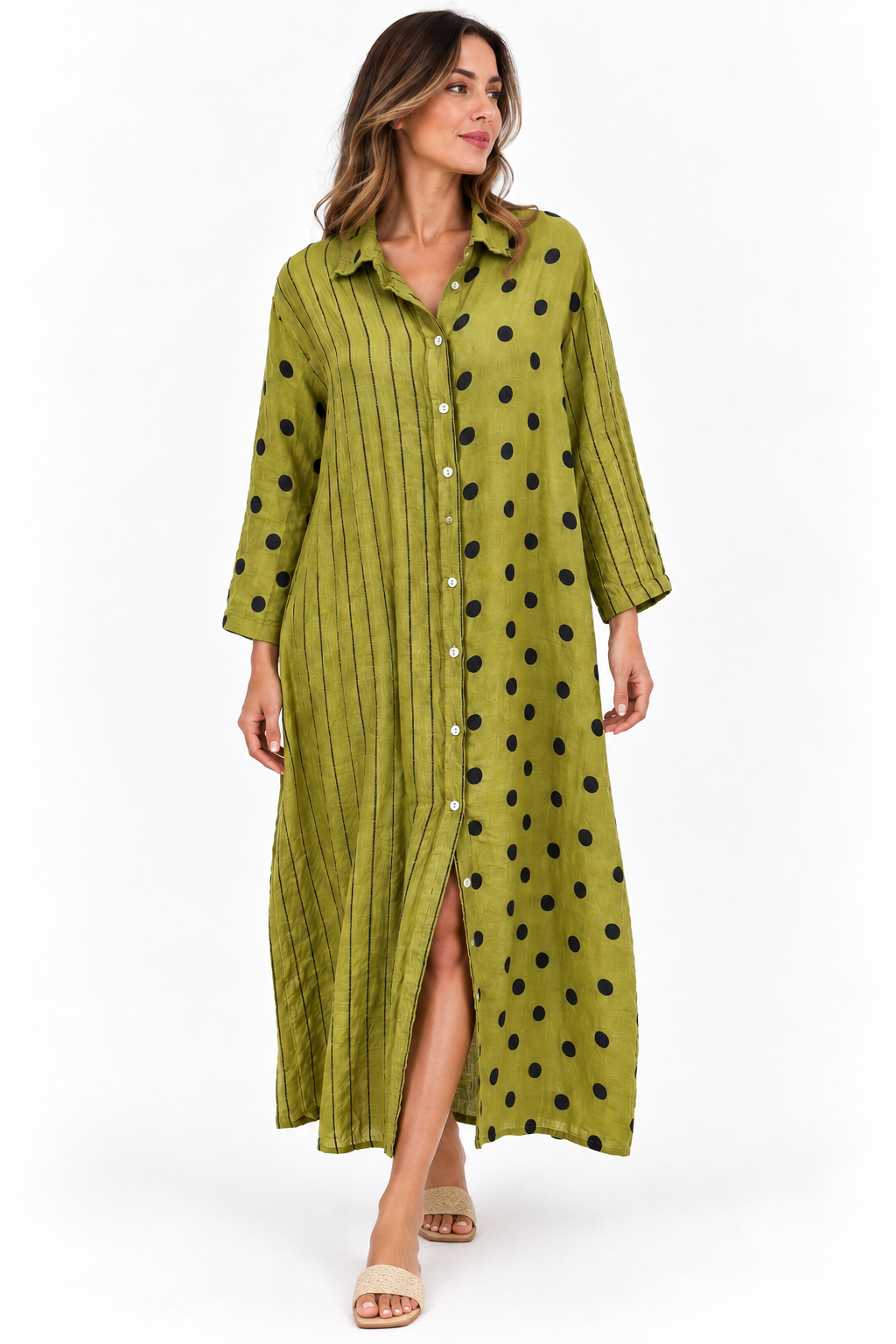 Olive Polka Dot Linen Shirt Dress