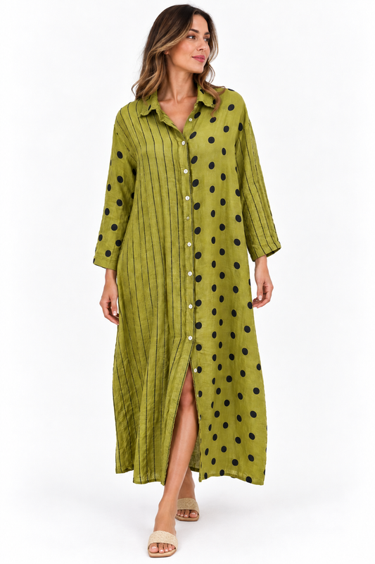 Olive Polka Dot Linen Shirt Dress