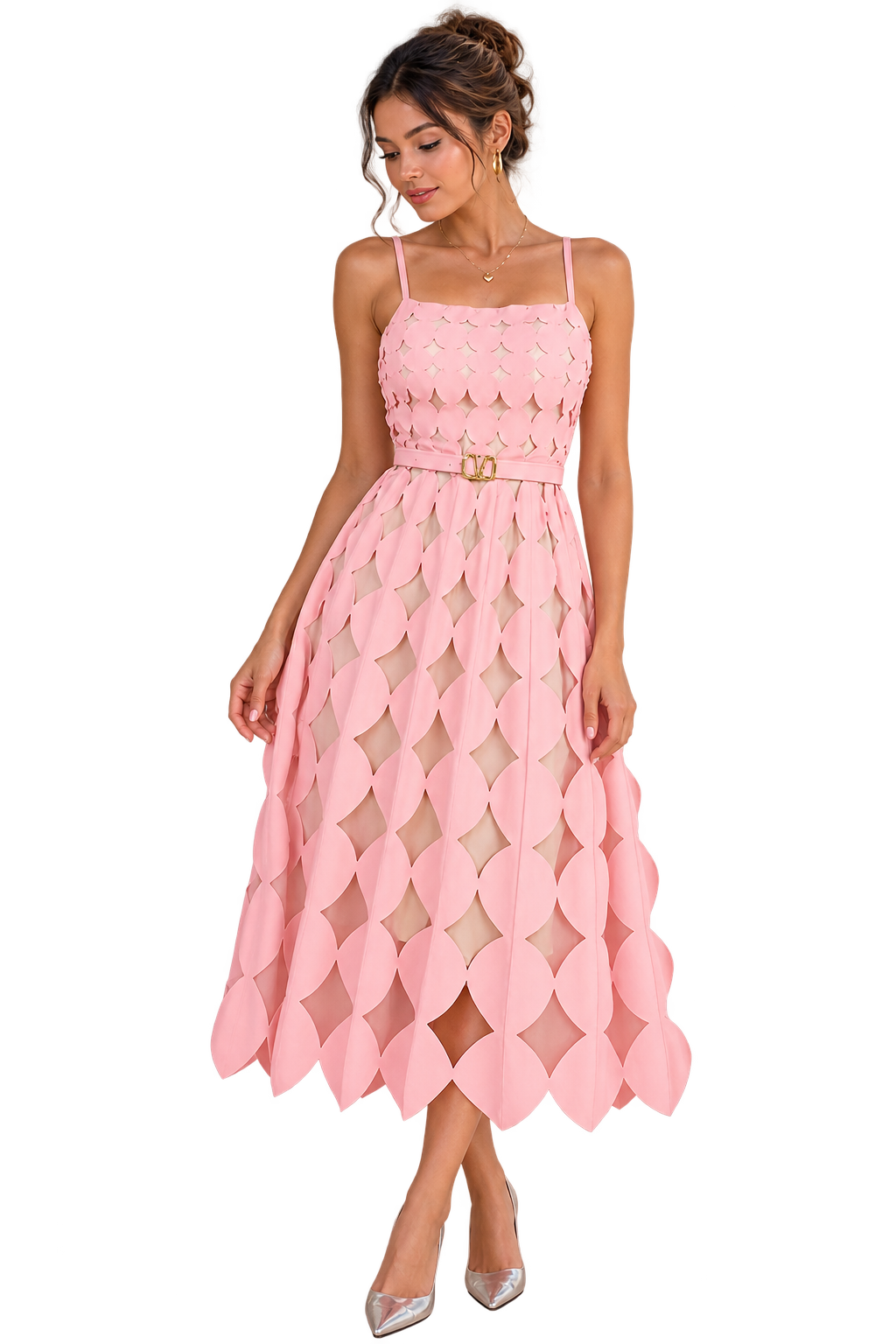 Blush Circle Cutout Midi Dress – Elegant Layered Statement Dress
