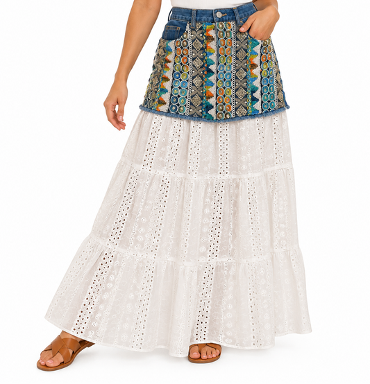 Boho Denim Eyelet Maxi Skirt