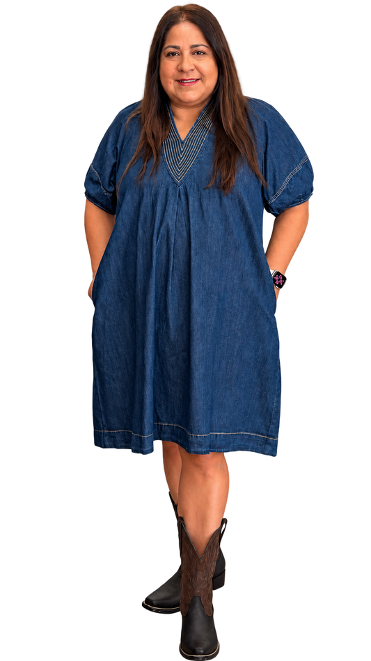 Indigo Gold Stitch Denim Dress