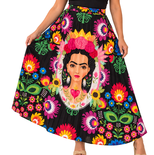 Frida Kahlo Floral Pleated Maxi Skirt
