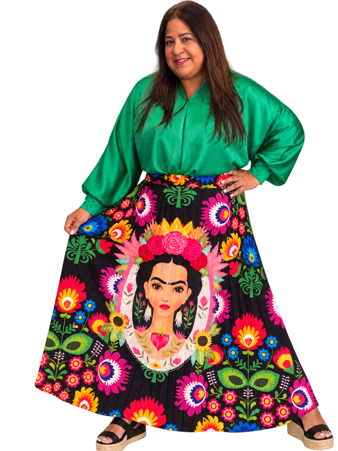 Frida Kahlo Floral Pleated Maxi Skirt
