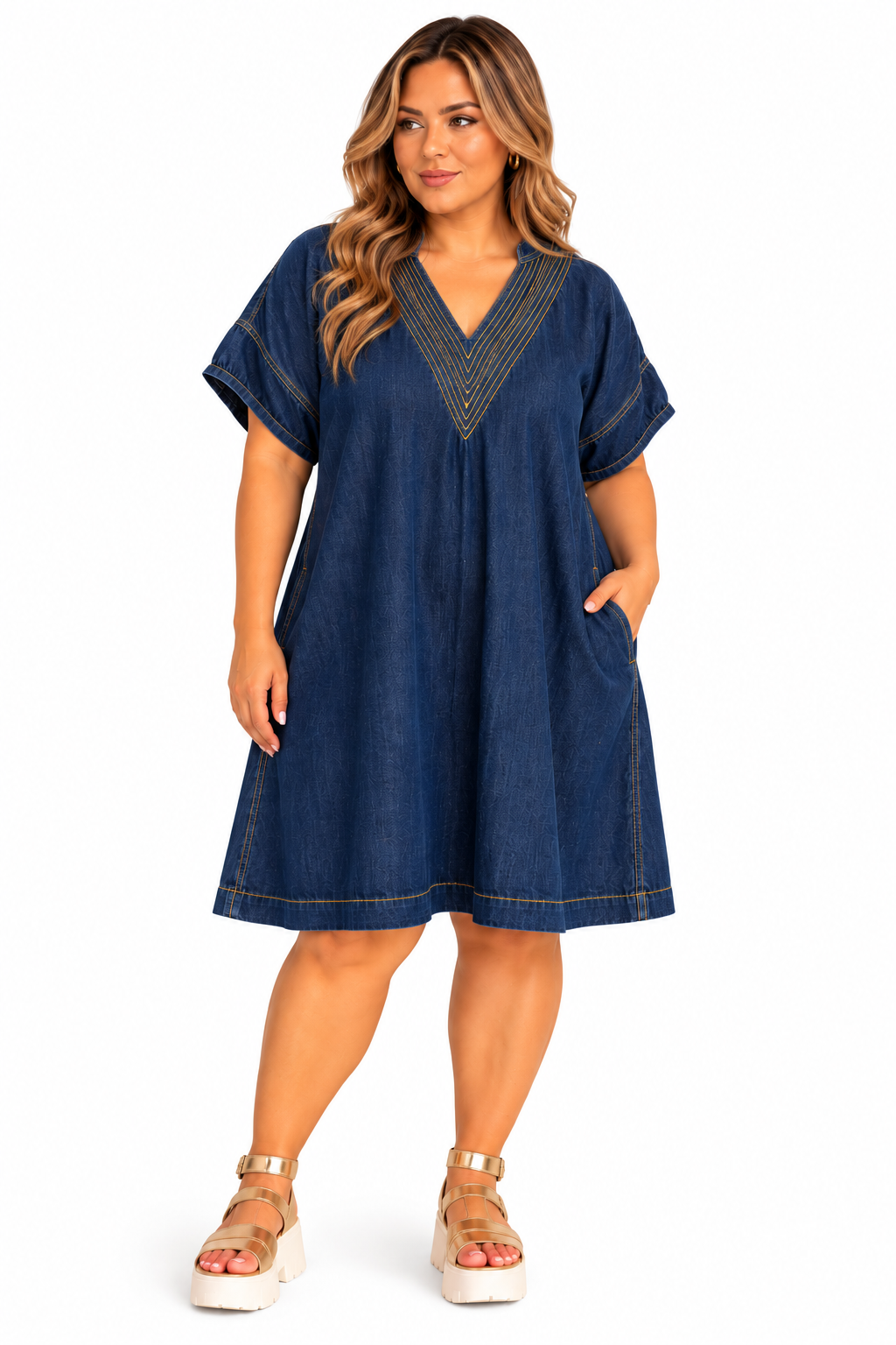 Indigo Gold Stitch Denim Dress