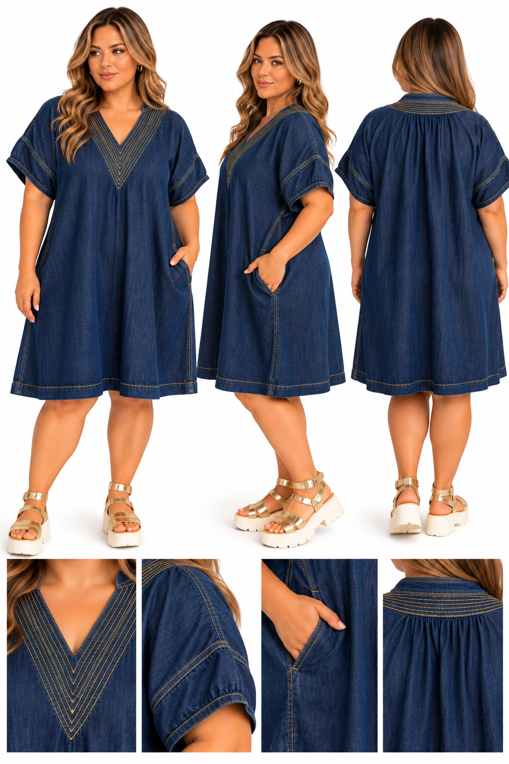 Indigo Gold Stitch Denim Dress