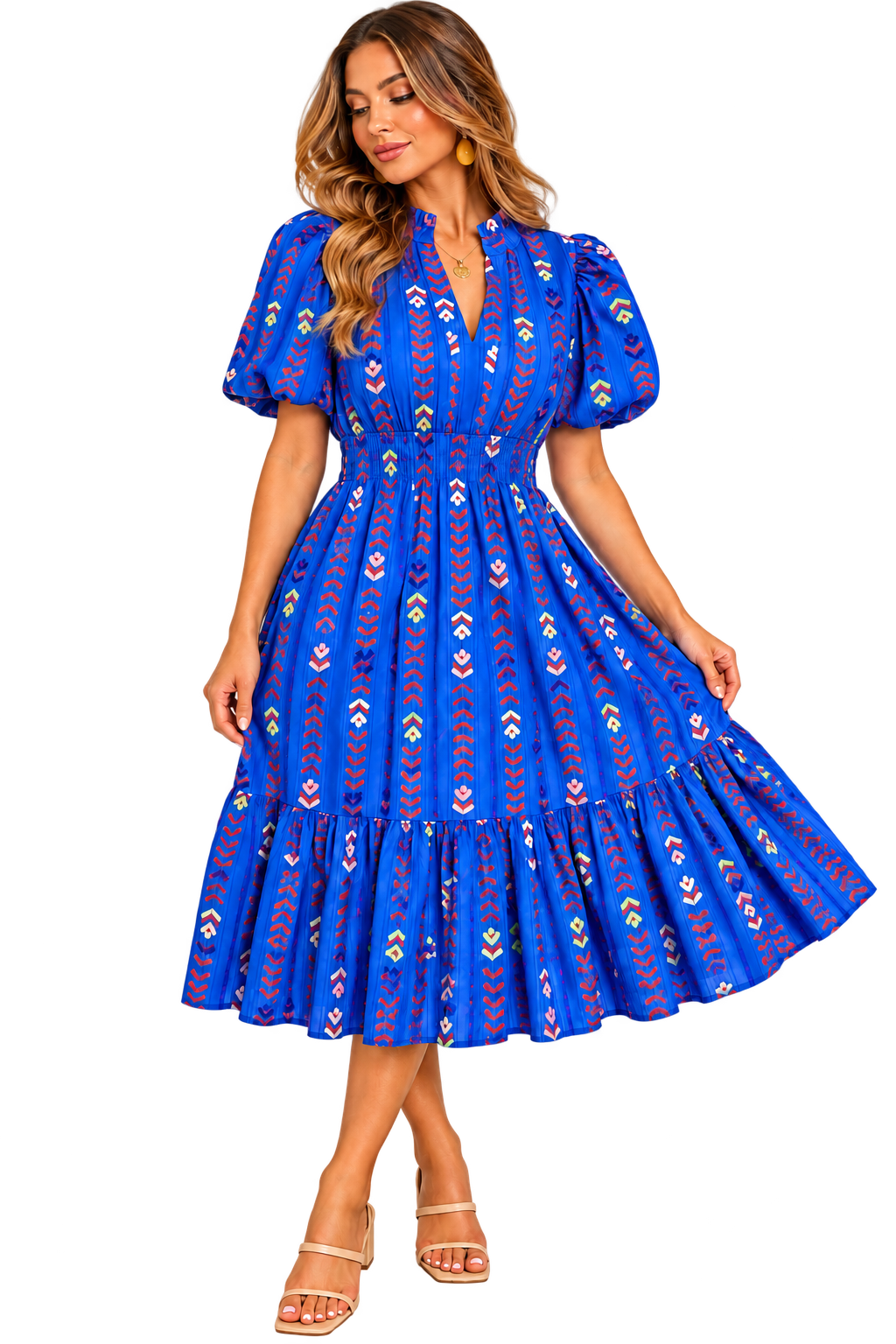 Blue Fiesta Puff Sleeve Midi Dress