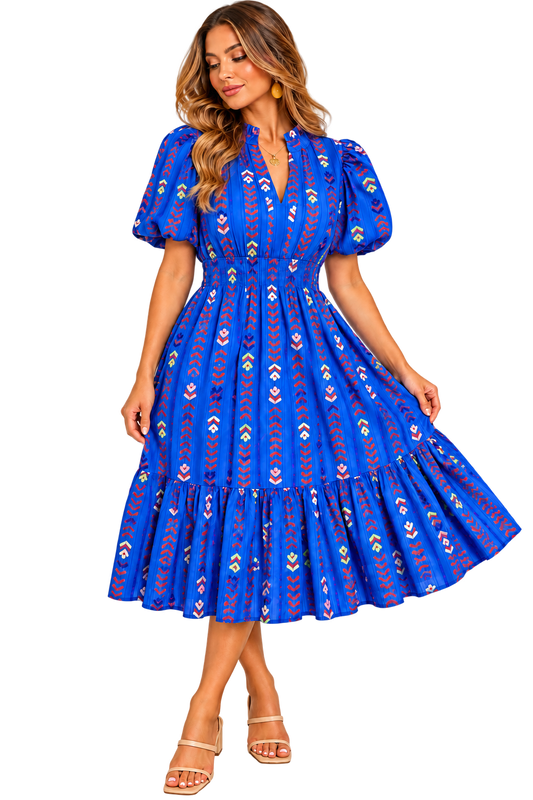 Blue Fiesta Puff Sleeve Midi Dress