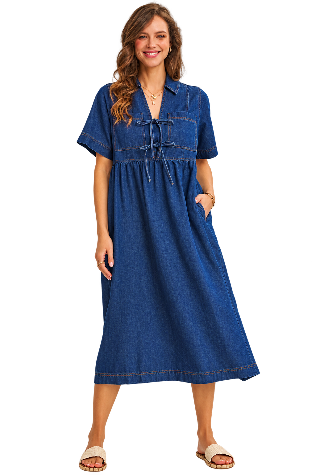 Tie-Front Denim Midi Dress