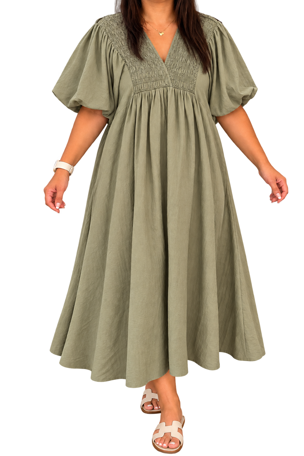 Olive Puff Sleeve Maxi Dress.