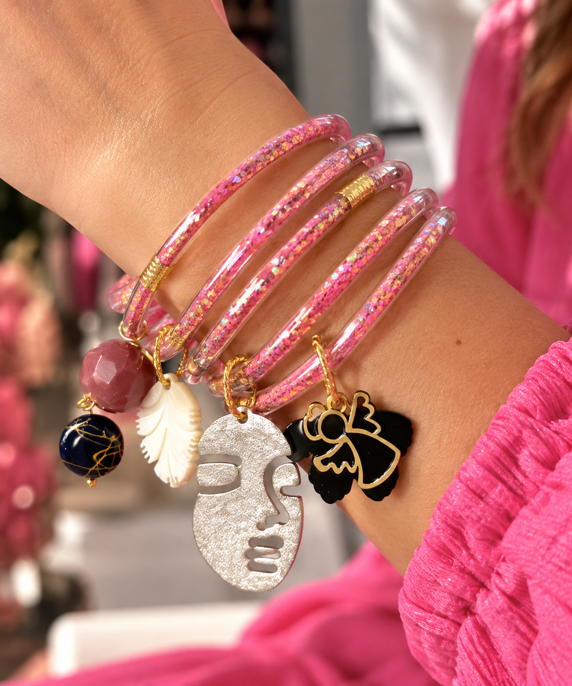Pink Glitter Charm Bangle Set