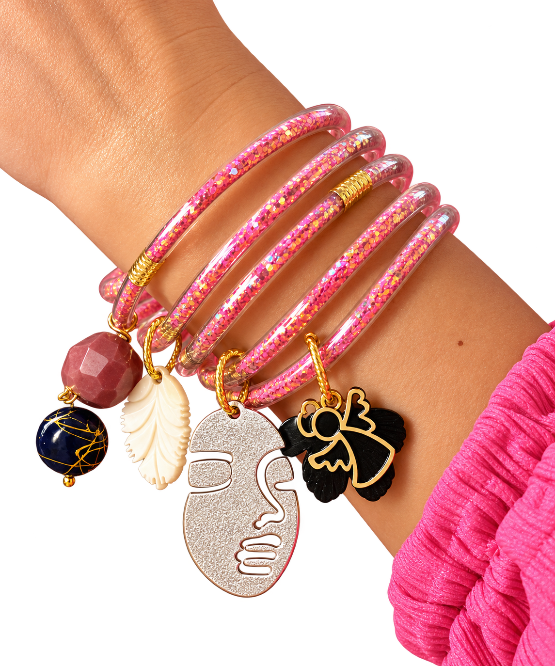 Pink Glitter Charm Bangle Set