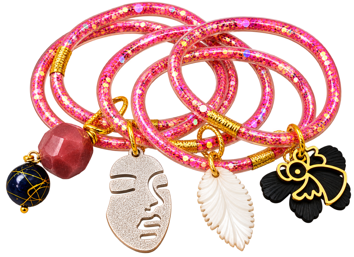 Pink Glitter Charm Bangle Set