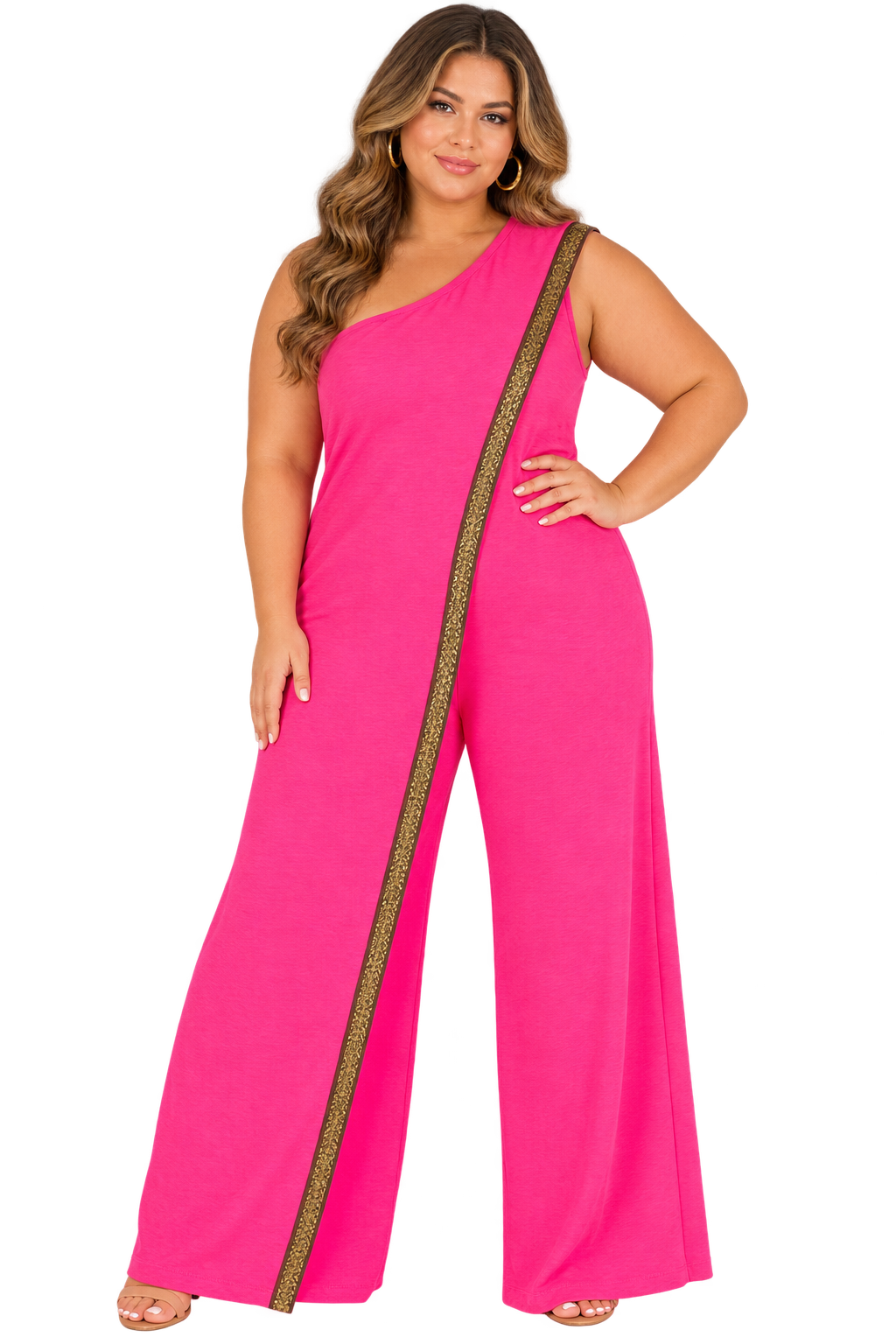 Fuchsia Gold Trim Cape Jumpsuit