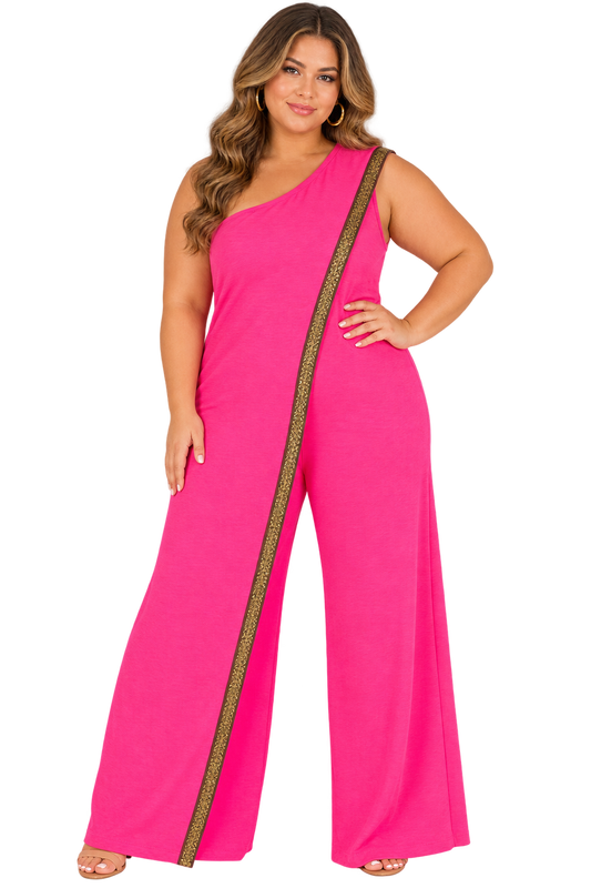 Fuchsia Gold Trim Cape Jumpsuit