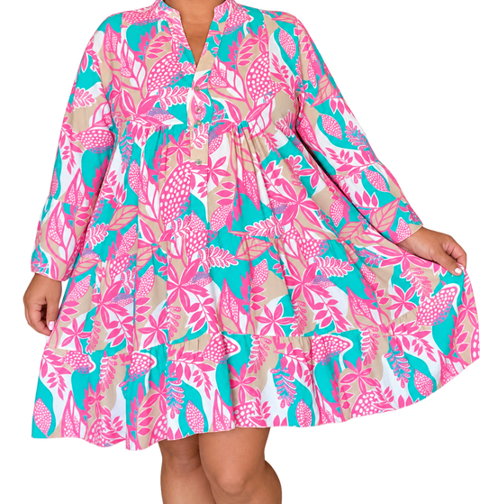 Aqua Pink Tropical Tiered Dress