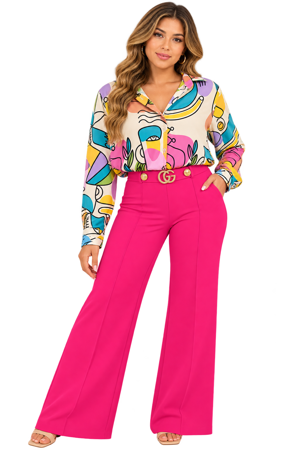 Fuchsia Gold Detail Wide-Leg Pants