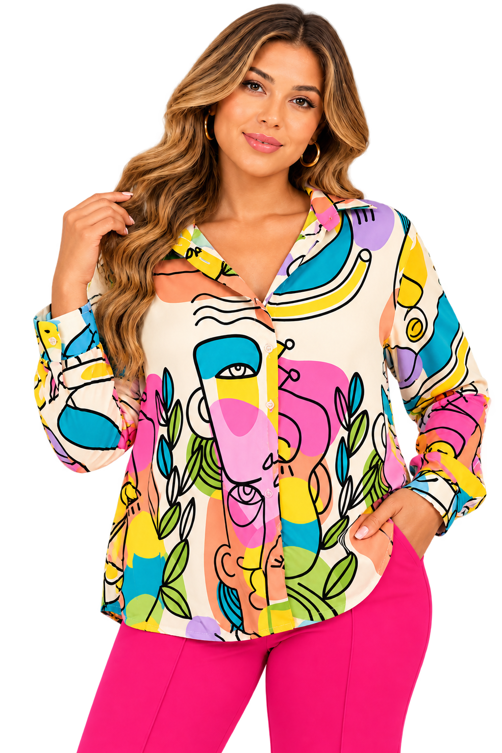 Abstract Faces Button-Up Blouse
