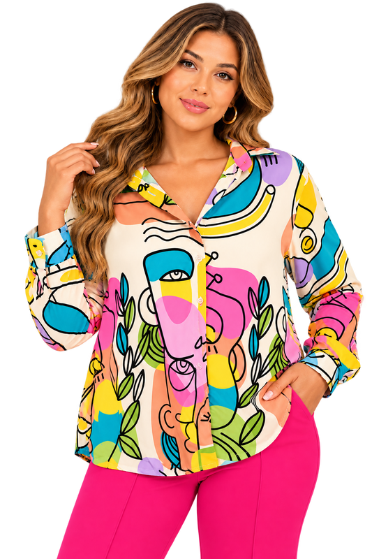 Abstract Faces Button-Up Blouse