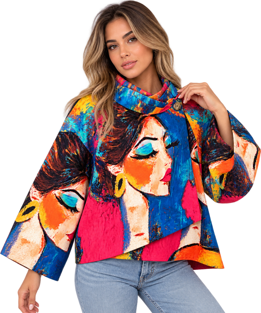 Model wearing Artistic Muse multicolor abstract portrait print jacket with draped collar, button closure and wide sleeves.