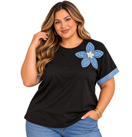 Denim Bloom Rhinestone Flower Tee – Plus Size
