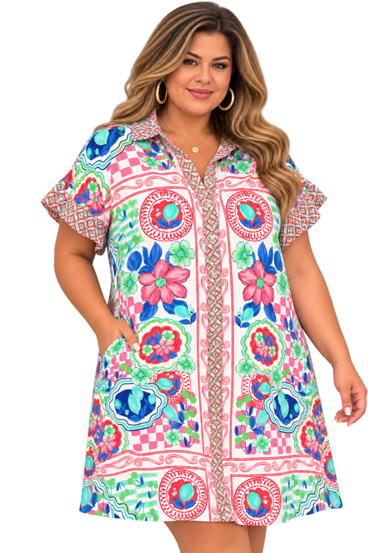 Pink & Green Plus Size Floral Short Dress | Marzela Boutique.
