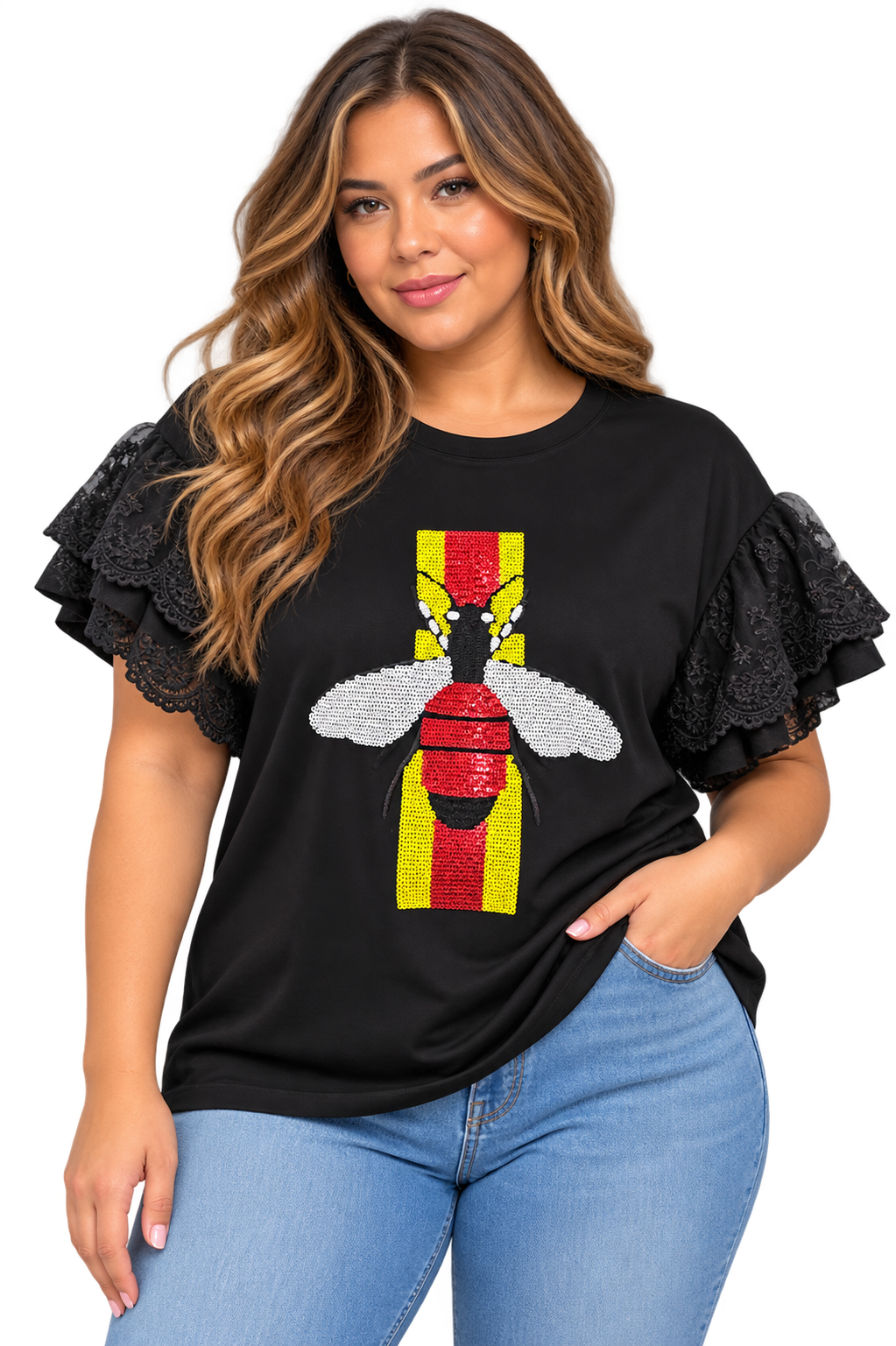 Sequin Bee Lace Ruffle Sleeve Tee – Plus Size