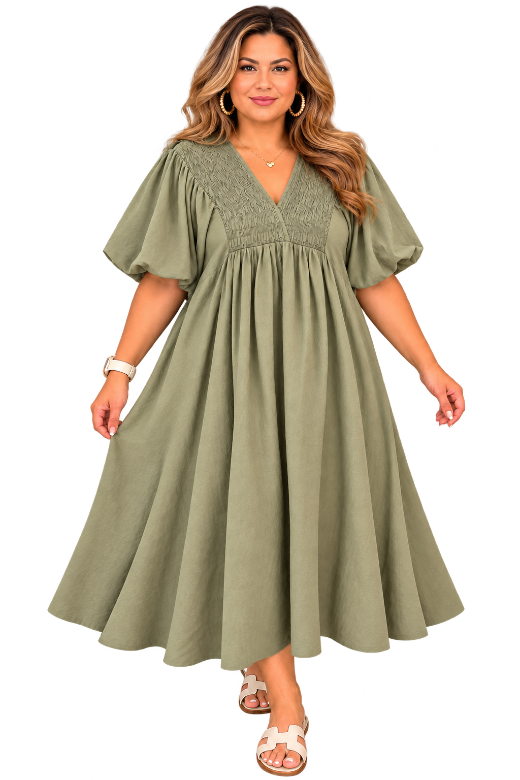 Olive Puff Sleeve Maxi Dress.