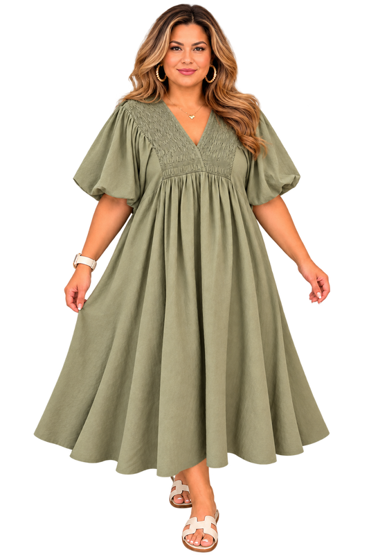 Olive Puff Sleeve Maxi Dress.