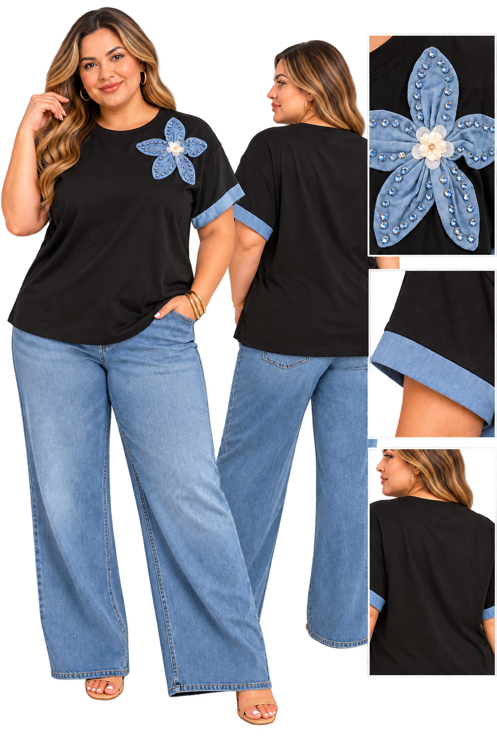 Denim Bloom Rhinestone Flower Tee – Plus Size