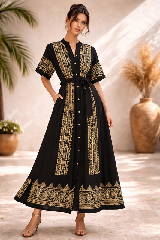 Women’s Black Embroidered Midi  Dress – Belted Short Sleeve Dress