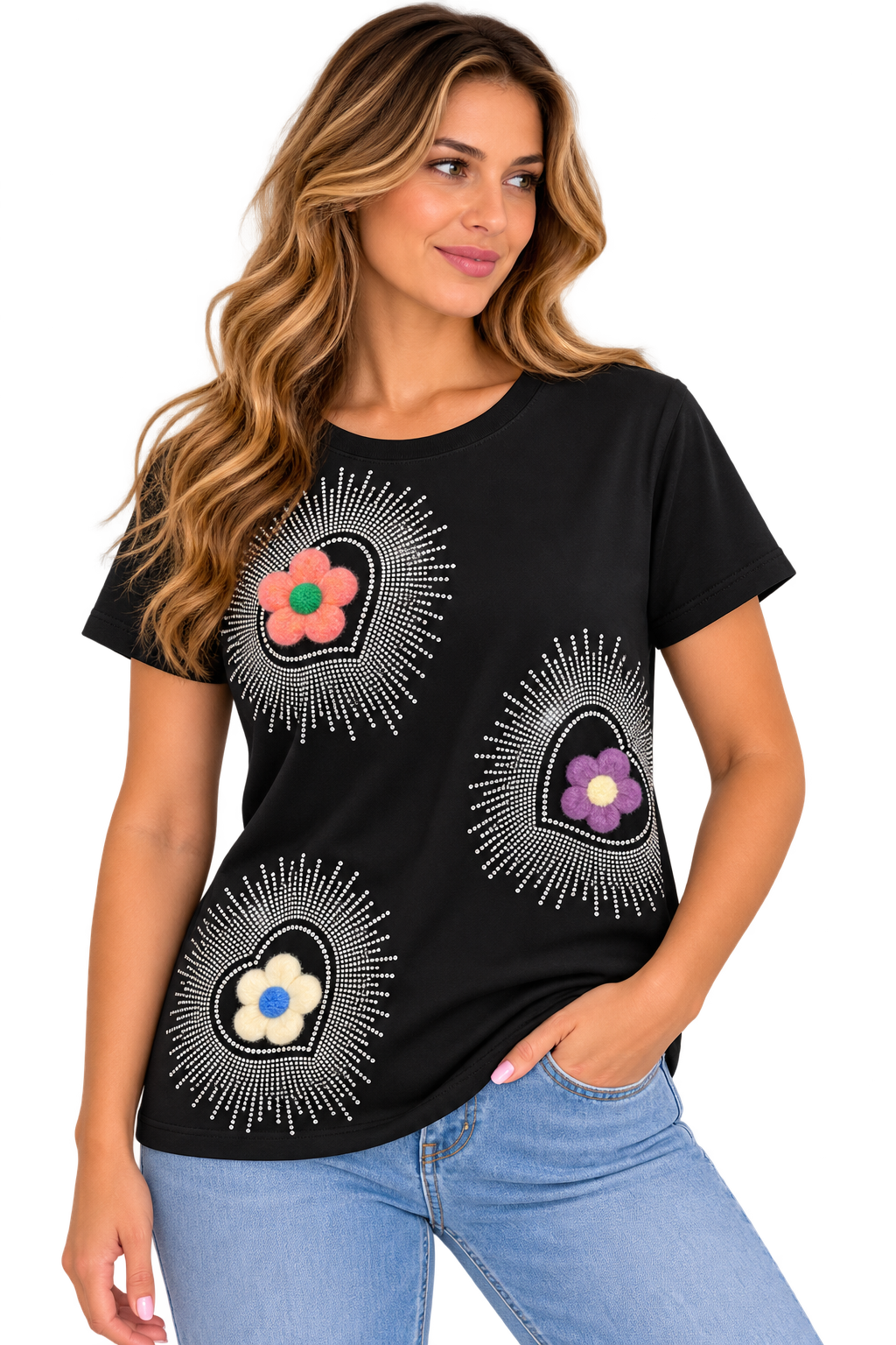 Blooming Hearts Rhinestone Flower Tee