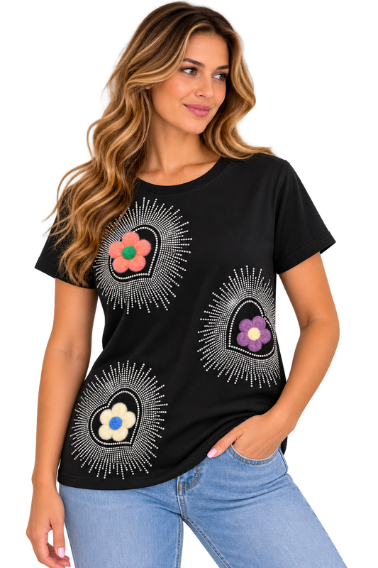 Blooming Hearts Rhinestone Flower Tee