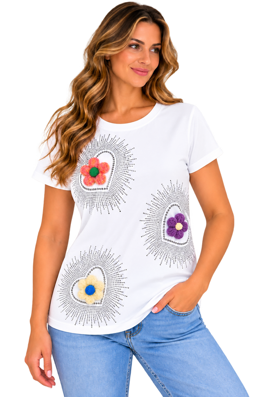 Blooming Hearts Rhinestone Flower Tee