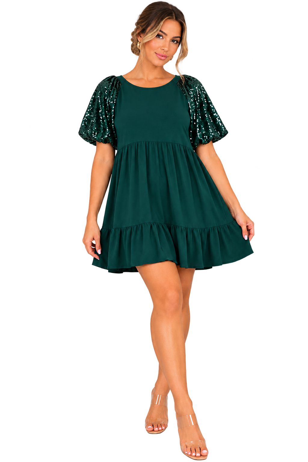 Emerald Sparkle Sequin Sleeve Babydoll Dress