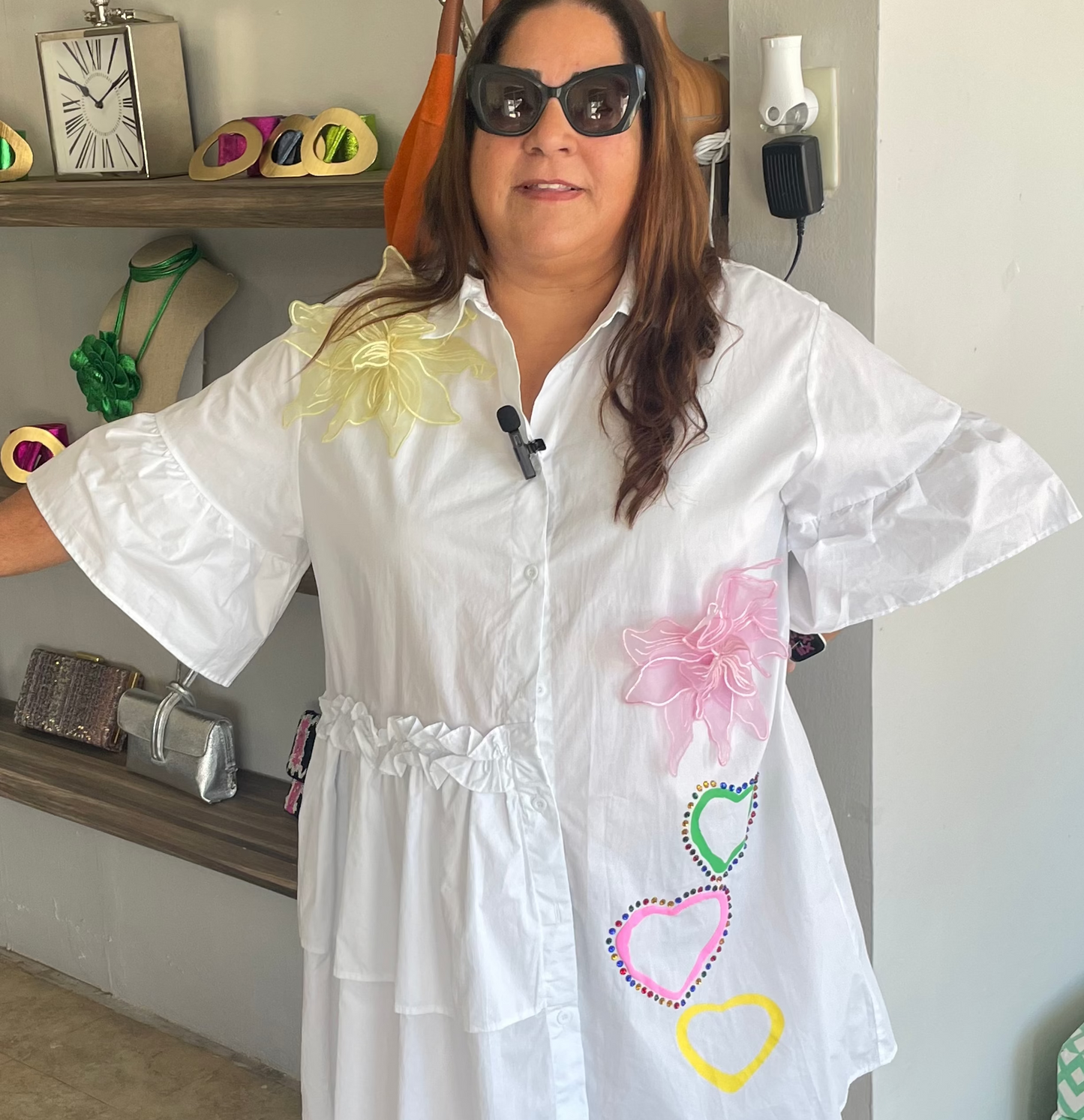 Women’s White Statement Shirt Dress – Floral Appliqué & Rhinestone Heart Dress