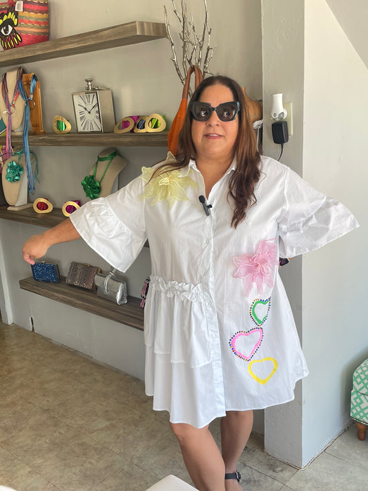 Women’s White Statement Shirt Dress – Floral Appliqué & Rhinestone Heart Dress