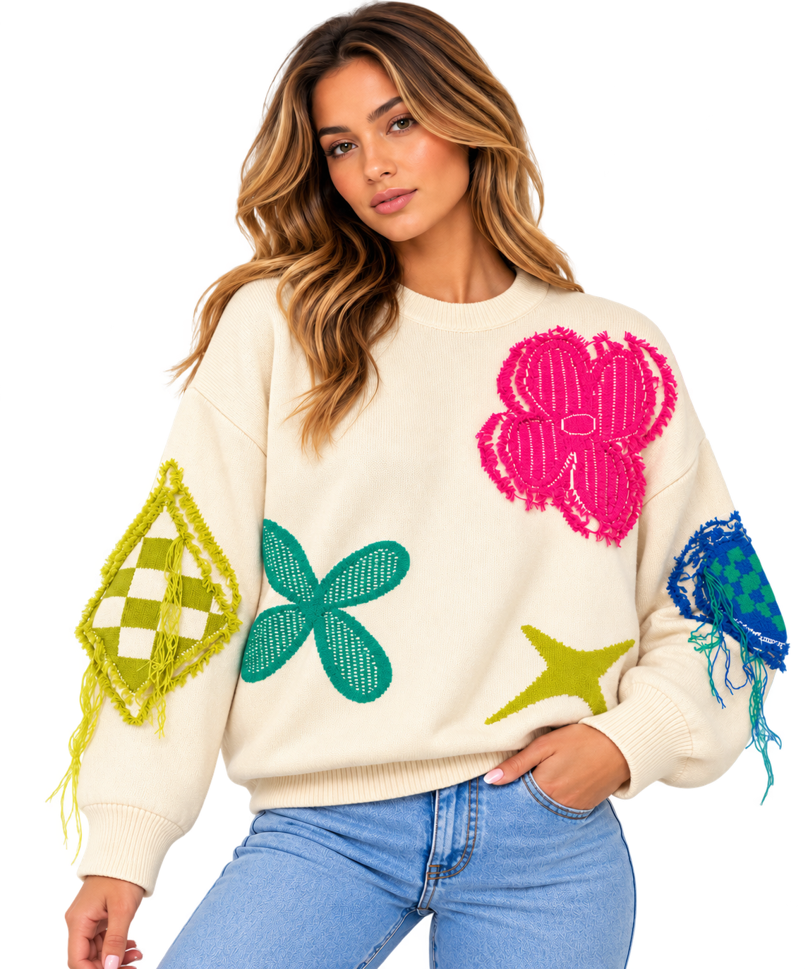 Playful Patchwork Oversized Knit Sweater