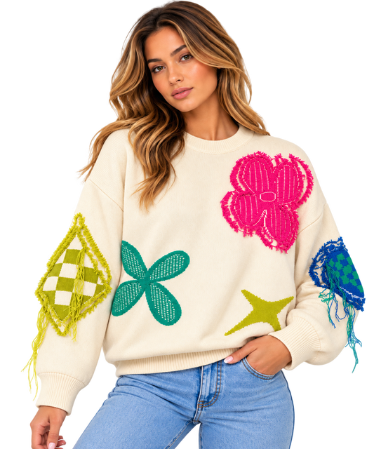 Playful Patchwork Oversized Knit Sweater