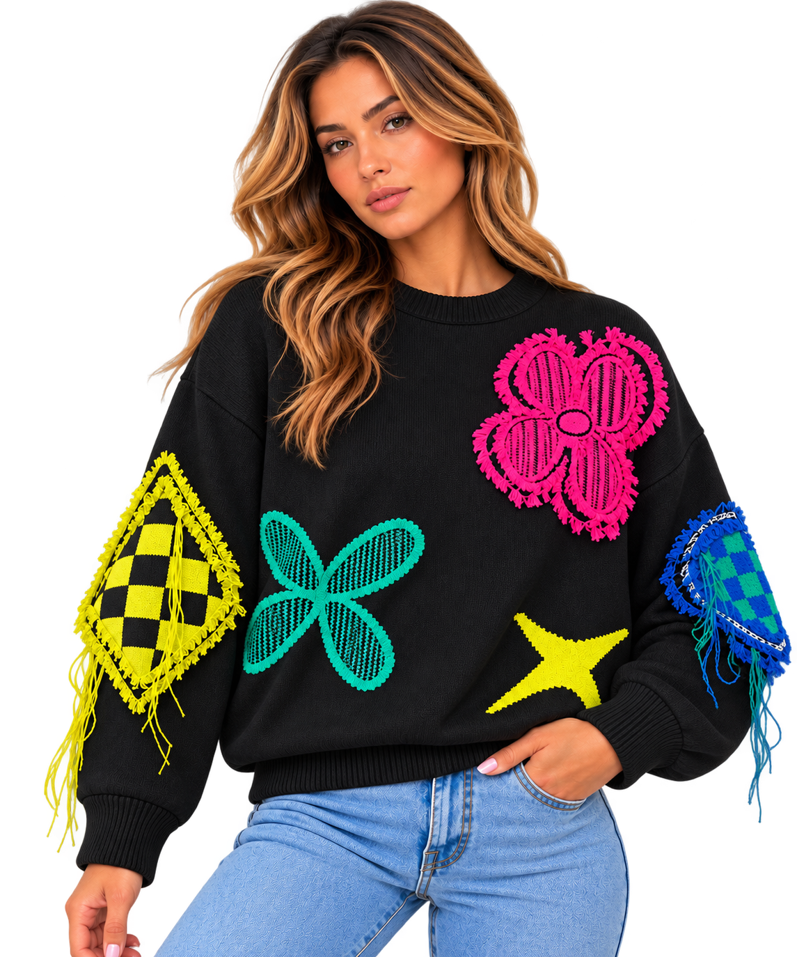 Playful Patchwork Oversized Knit Sweater