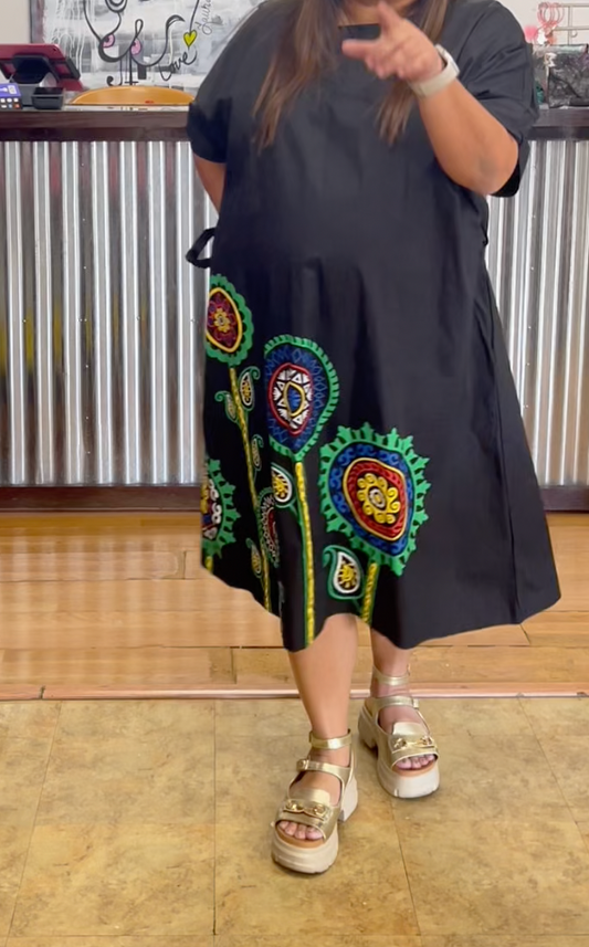 Boho Bloom Black Midi Dress – Flowy One Size (Fits Up to 2X)