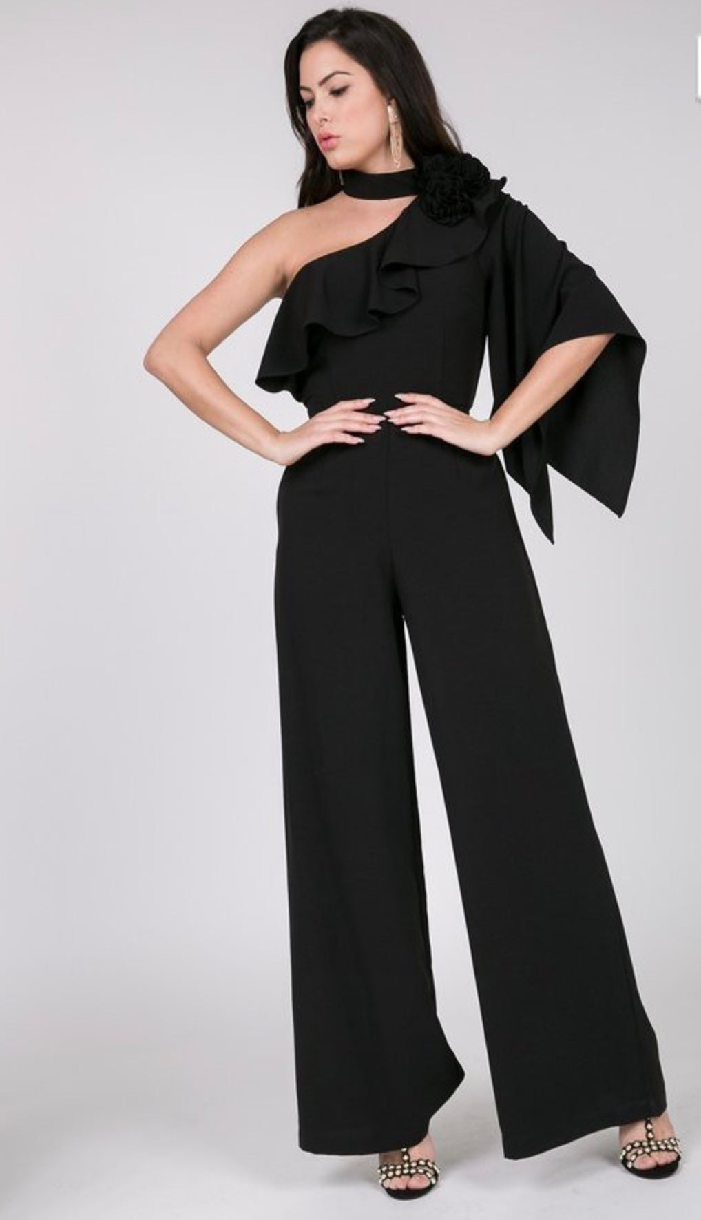 One shoulder black jumpsuit